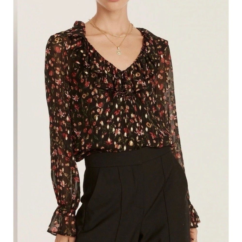 J. CREW Black & Metallic Gold Floral Ruffleneck Long Sleeve Top  | M